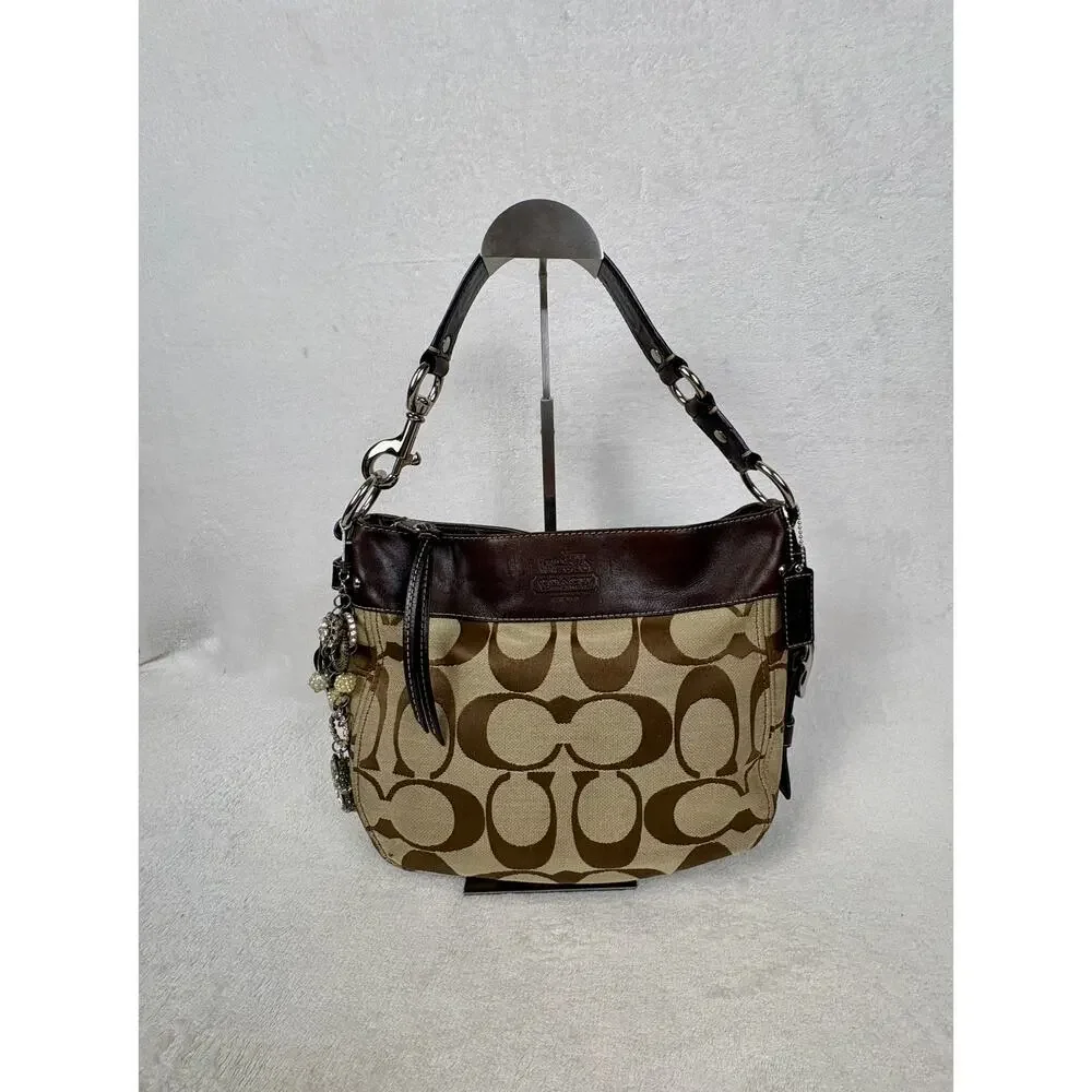 Coach Signature Y2K Zoe Hobo in Tan/Dark Brown Jacquard with Custom Charm